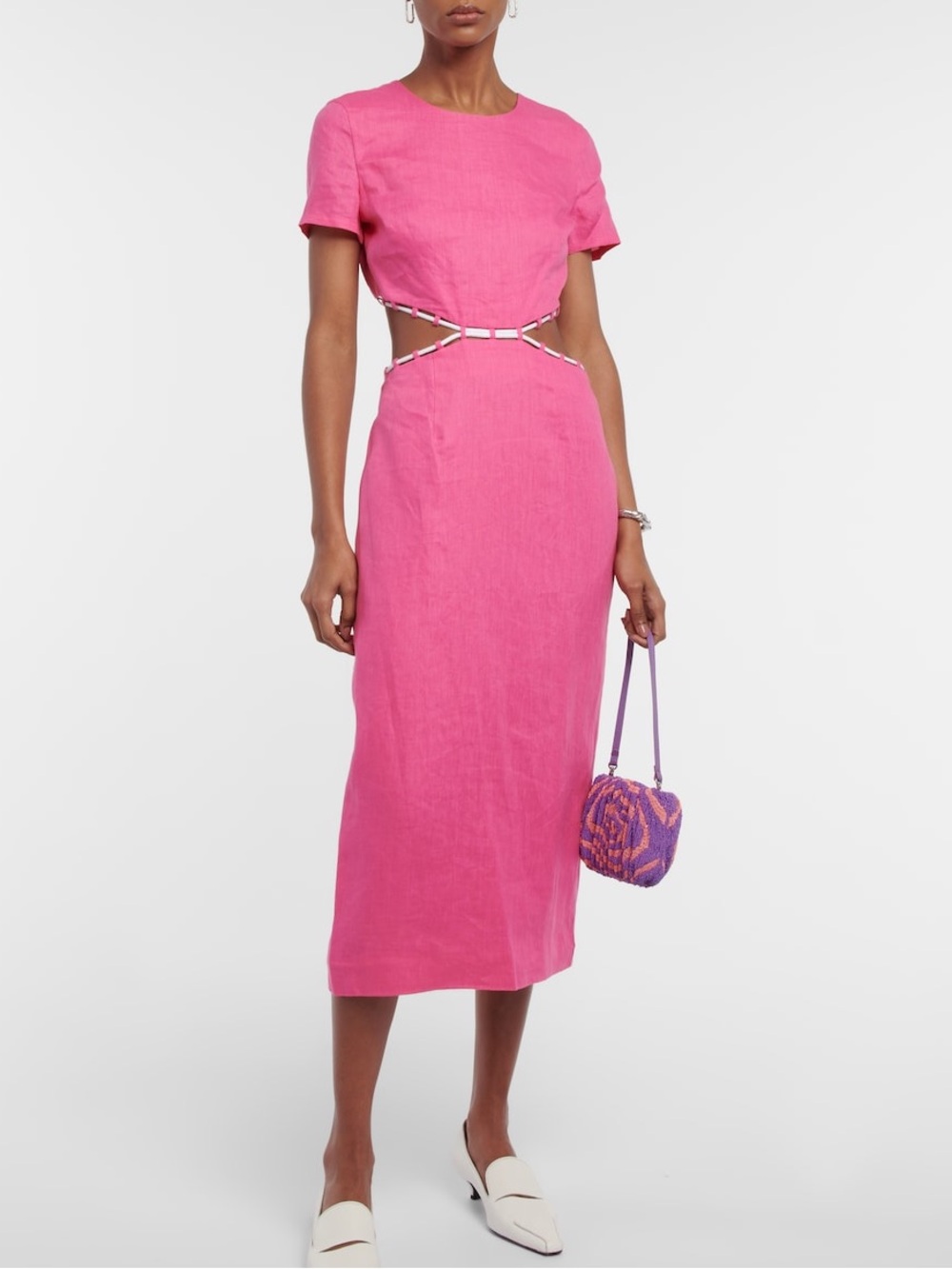 Staud Pink Matteo Cutout Linen Midi Dress